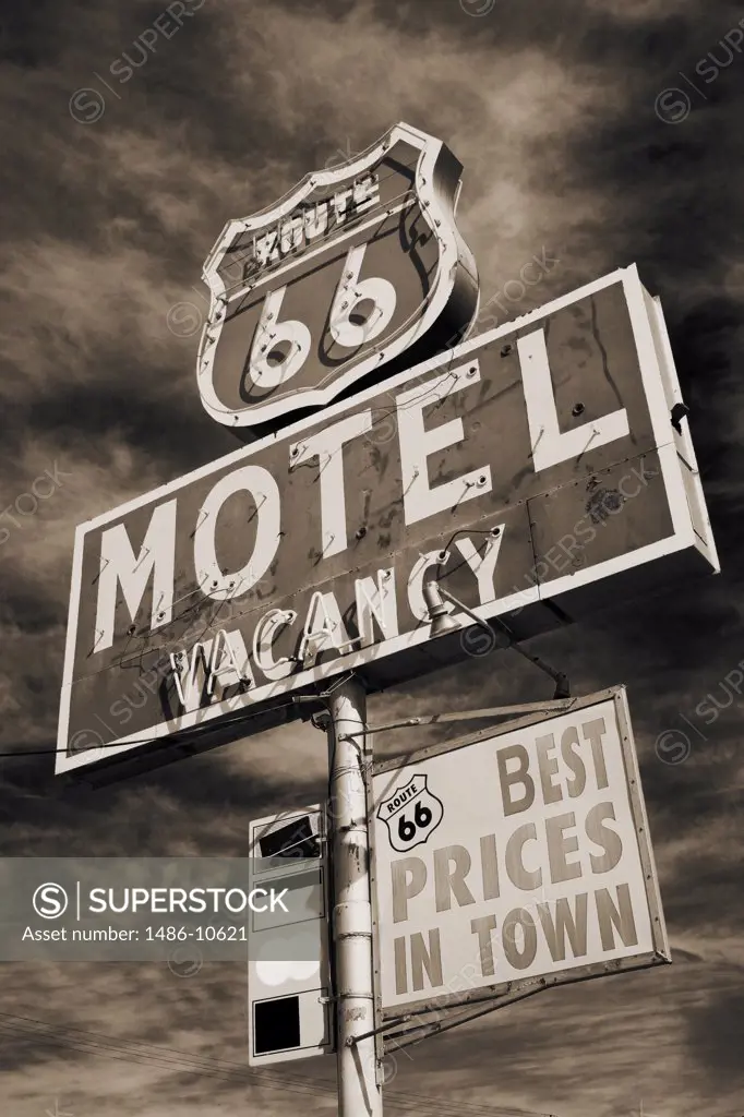 Low angle view of a motel sign, Route 66, Barstow, California, USA