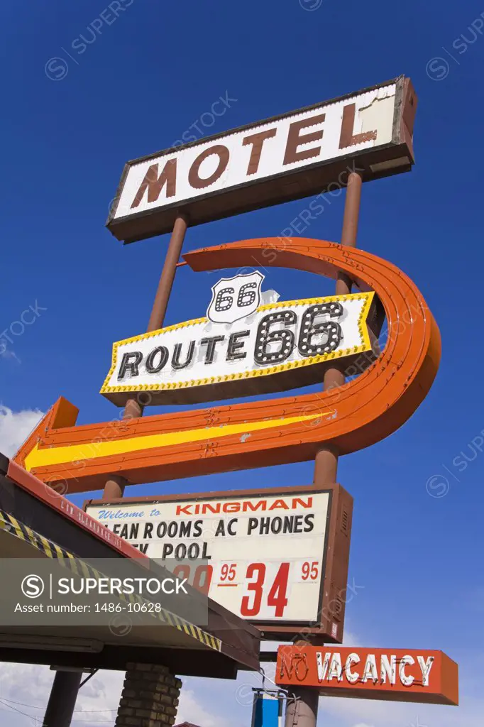 Low angle view of Route 66 motel signs, Route 66, Kingman, Arizona, USA