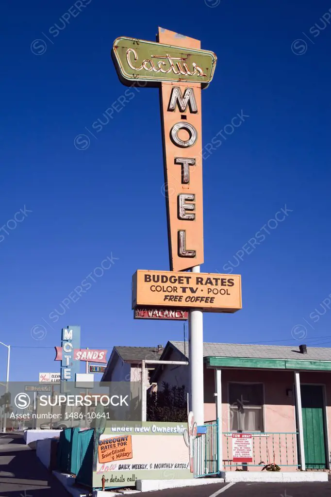 Low angle view of a motel sign at a motel, Cactus Motel, Route 66, Barstow, California, USA