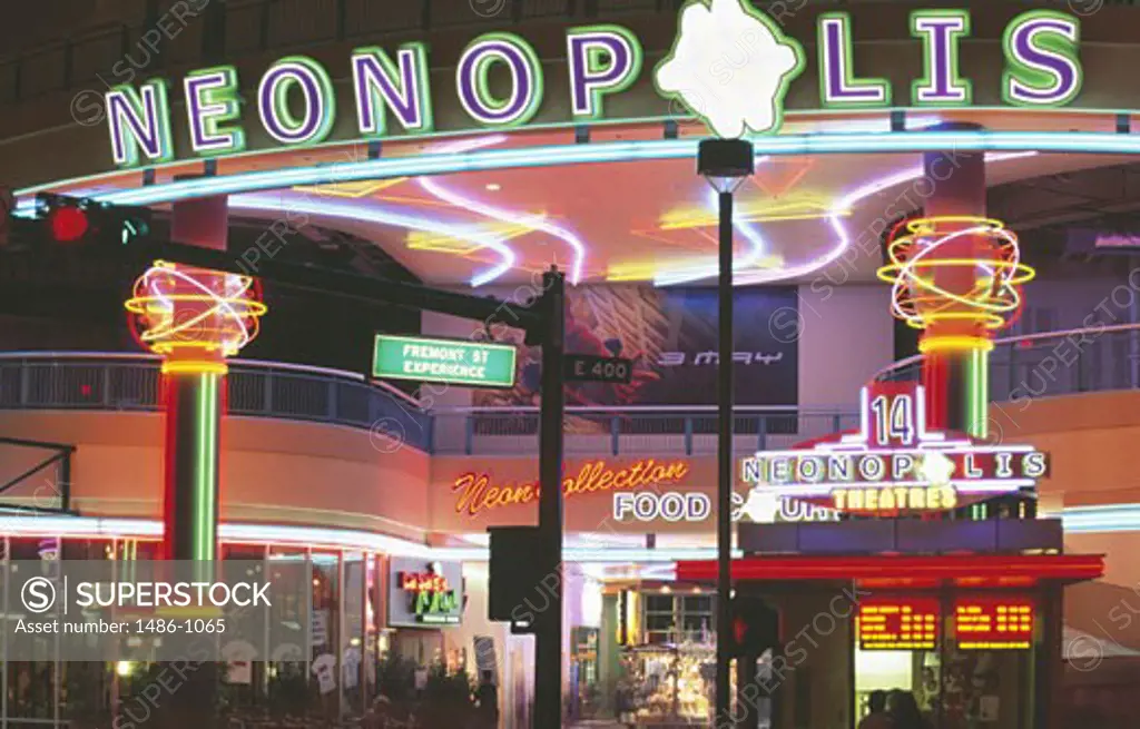 Shopping mall lit up at night, Neonopolis, Fremont Street, Las Vegas, Nevada, USA