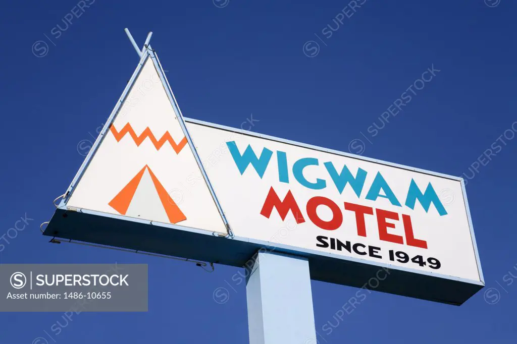Low angle view of a motel sign, Rialto, California, USA