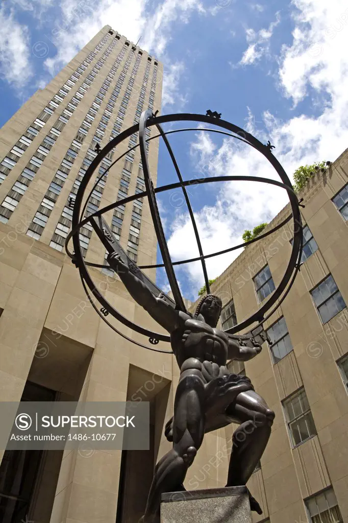 Low angle view of a statue of Atlas, Rockefeller Center, Midtown Manhattan, New York City, New York, USA