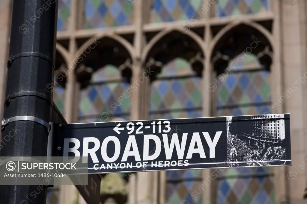 Street sign in front of Trinity Church, Lower Manhattan, New York City, New York, USA