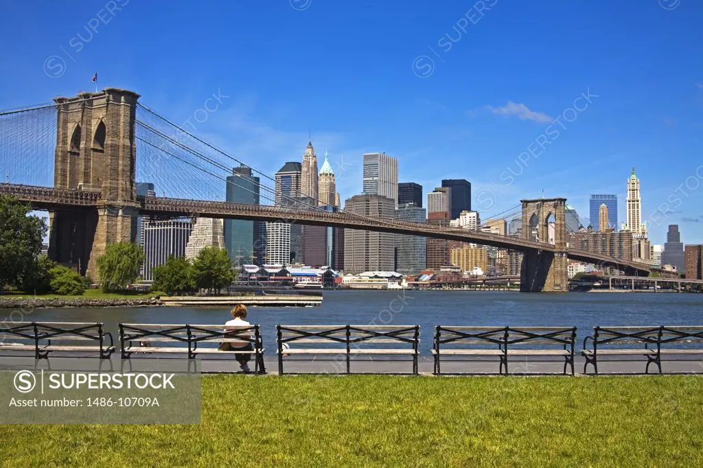 Low angle view of a bridge, Brooklyn Bridge, Brooklyn Bridge Park, Dumbo District, Brooklyn, New York City, New York, USA