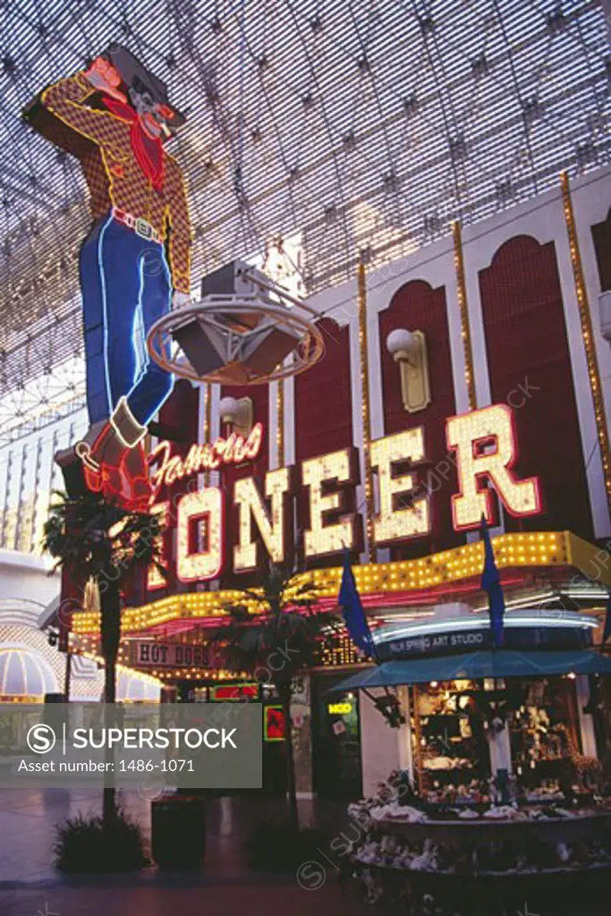 Facade of a store lit up at dusk, Fremont Street, Las Vegas, Nevada, USA