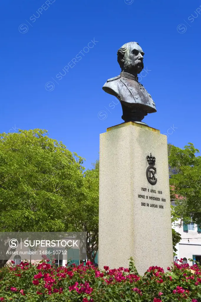 Low angle view of a bust of the Danish King Christian V, Emancipation Garden Park, Charlotte Amalie, St. Thomas, US Virgin Islands