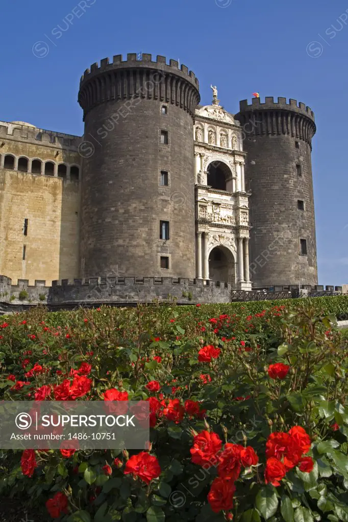 Formal garden in front of a castle, Castel Nuovo, Naples, Campania, Italy