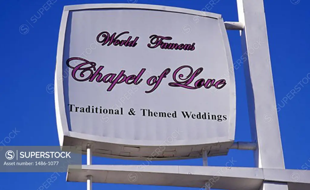 Low angle view of a signboard, Chapel Of Love, Las Vegas, Nevada, USA