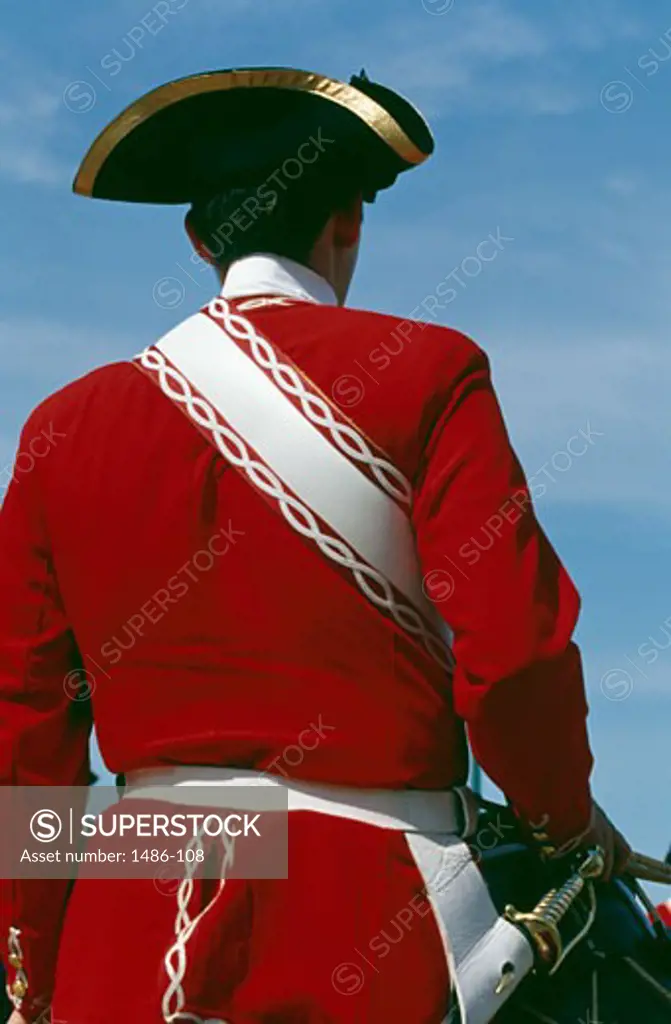 Royal guard in 18th century French soldier uniform, Quebec City, Quebec, Canada
