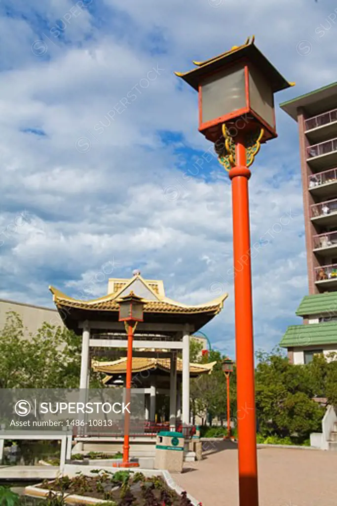 Lamppost in a garden, Chinese Cultural Centre, Chinatown, Winnipeg, Manitoba, Canada