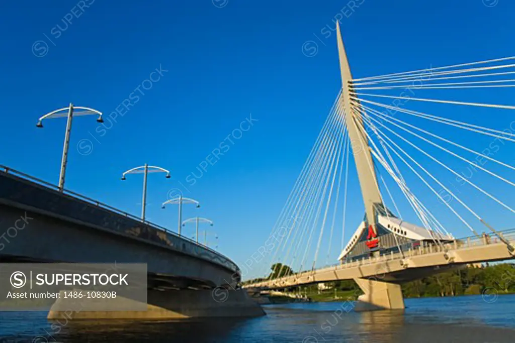 Bridge across a river, Esplanade Riel Pedestrian Bridge, Red River, Winnipeg, Manitoba, Canada
