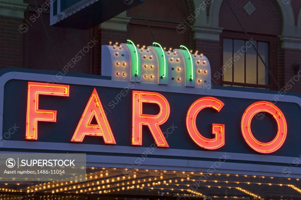 Neon sign of a theater, Fargo Theatre, Broadway Street, Fargo, North Dakota, USA