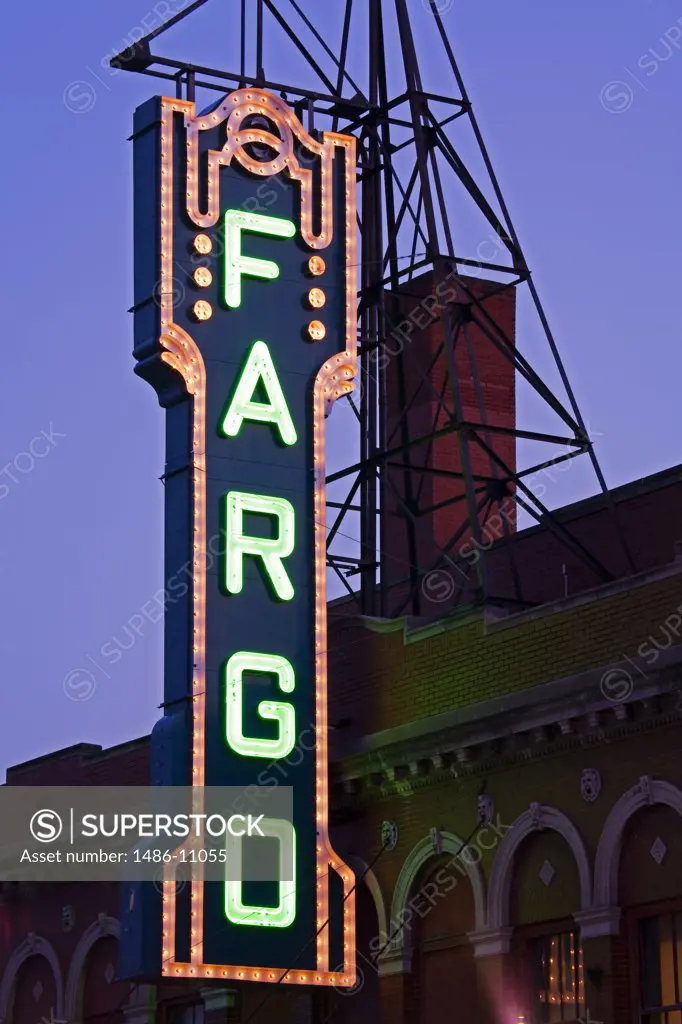Low angle view of the neon sign of a theater, Fargo Theatre, Broadway Street, Fargo, North Dakota, USA
