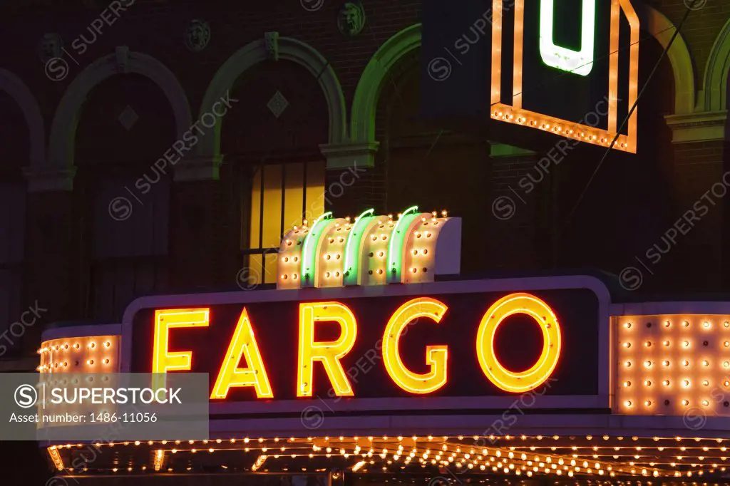 Neon sign of a theater lit up at night, Fargo Theatre, Broadway Street, Fargo, North Dakota, USA