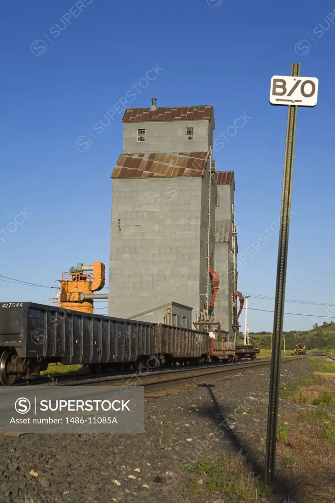 Railroad track in front of a grain elevator, Valley City, North Dakota, USA