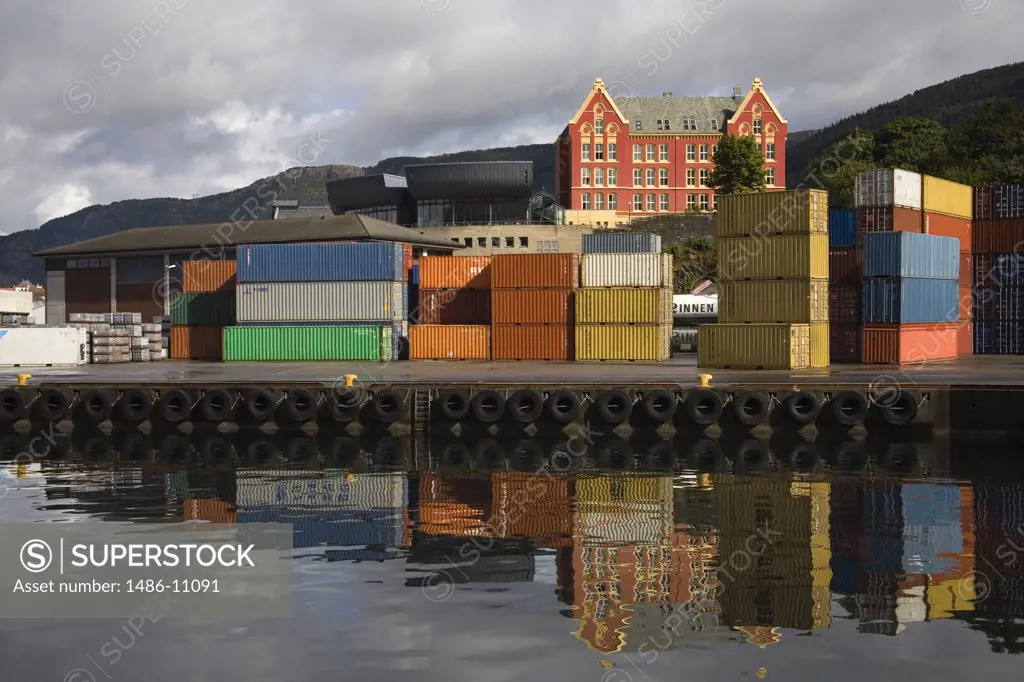 Reflection of cargo containers in water, Bergen, Norway