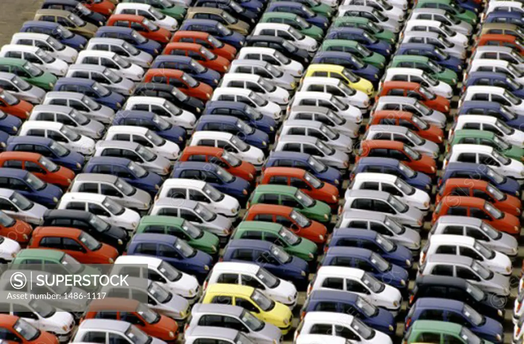 High angle view of cars in a parking lot of an industry, Mazatlan, Mexico