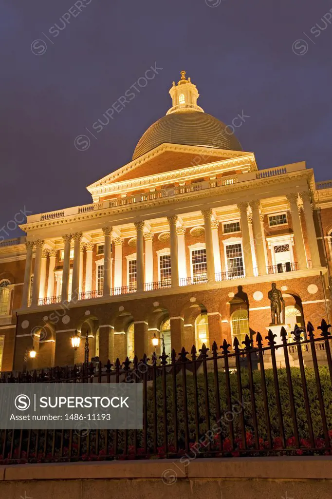 Low angle view of a government building lit up at night, Massachusetts State House, Boston, Massachusetts, USA