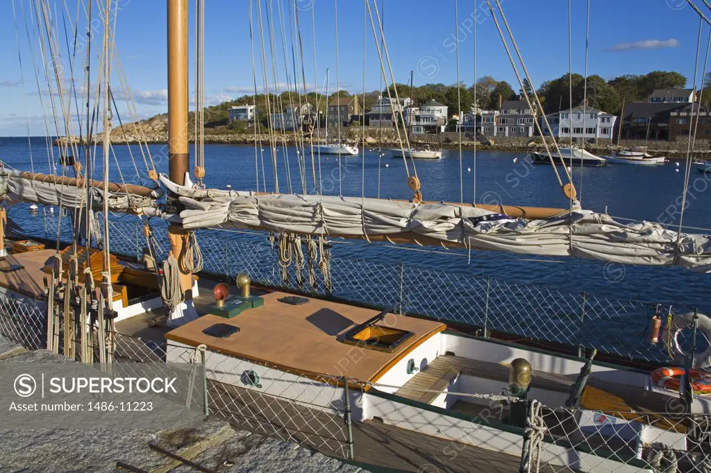 High angle view of a sailing ship, Rockport Harbor, Rockport, Cape Ann, Massachusetts, USA