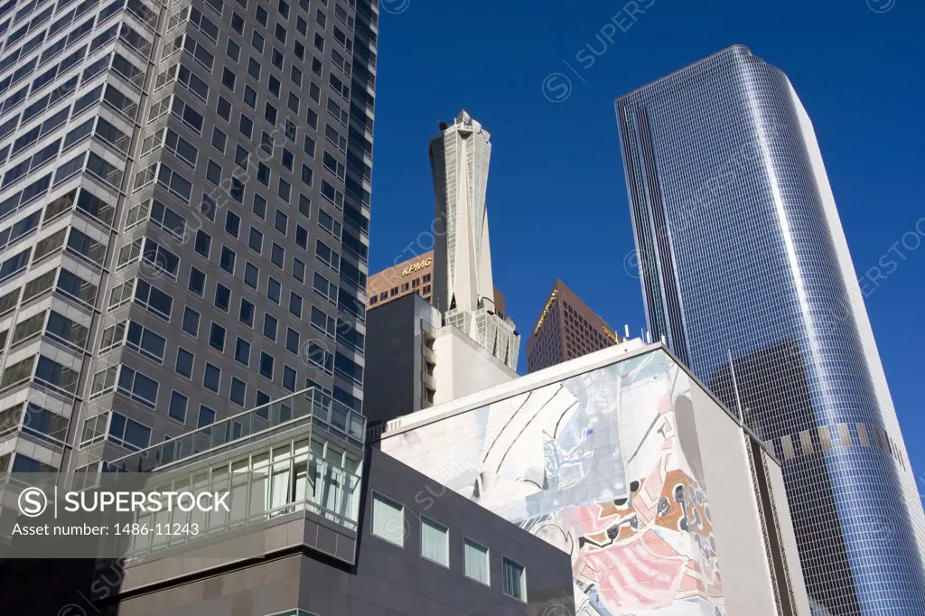 Low angle view of skyscrapers in a city, Los Angeles, California, USA