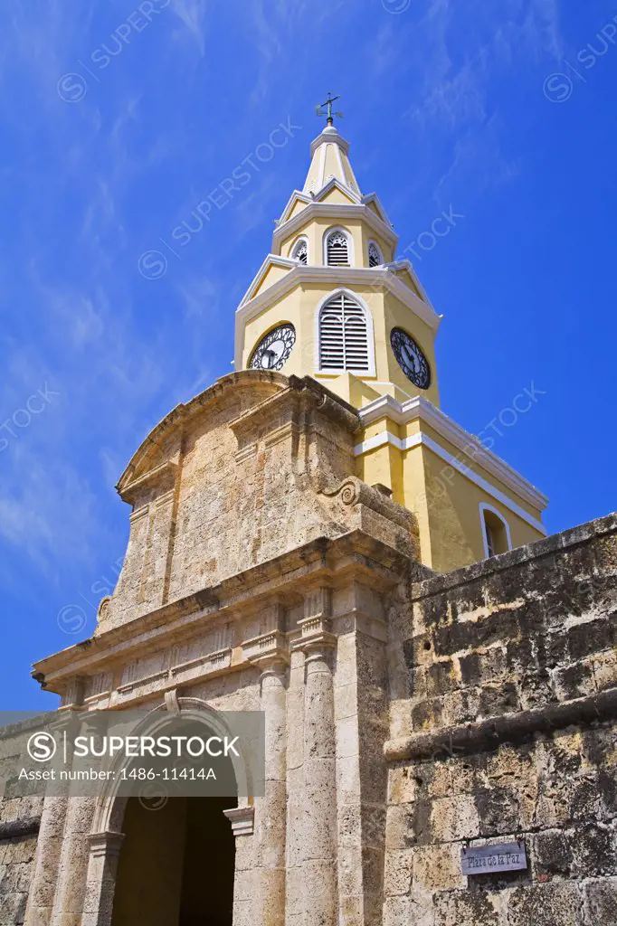 Low angle view of a clock tower, Cartagena Clock Tower, Cartagena, Bolivar, Colombia