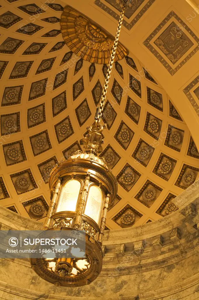 Low angle view of a lamp hanging on the ceiling of a government building, Washington State Capitol, Olympia, Thurston County, Washington State, USA
