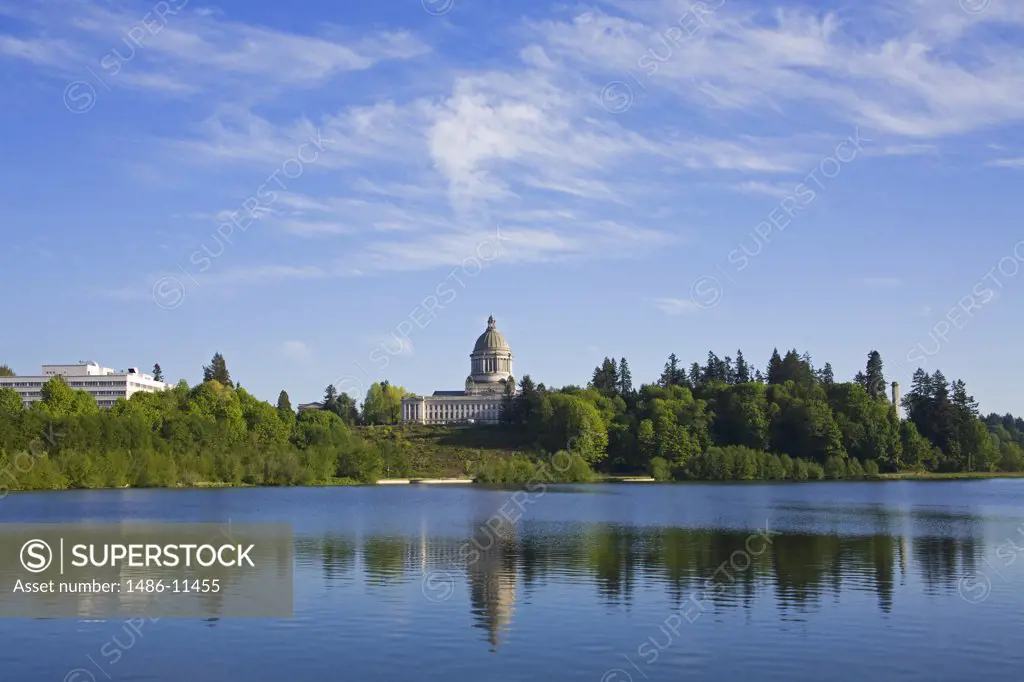 Reflection of a state capitol building in water, Olympia, Thurston County, Washington State, USA