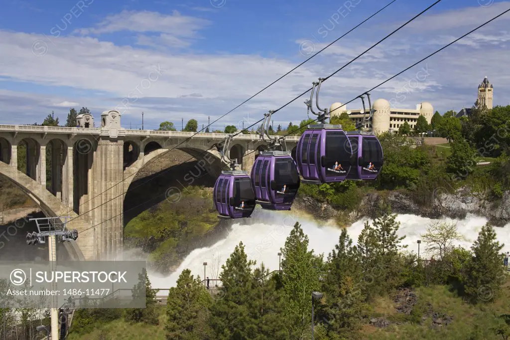 Overhead cable cars passing along a river, Spokane Falls, Spokane River, Spokane, Spokane County, Washington State, USA