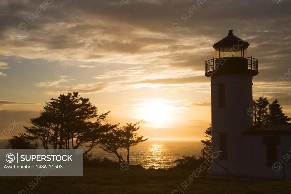 Silhouette of a lighthouse at dusk, Admiralty Head Lighthouse, Fort Casey State Park, Whidbey Island, Island County, Washington State, USA