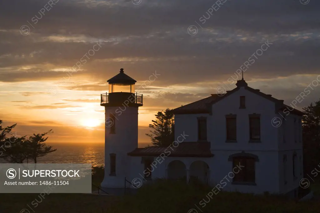 Silhouette of a lighthouse at dusk, Admiralty Head Lighthouse, Fort Casey State Park, Whidbey Island, Island County, Washington State, USA