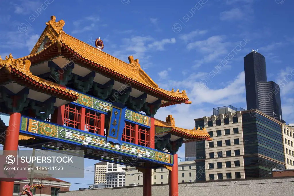 Low angle view of a gate, Chinatown Gate, International District, Seattle, King County, Washington State, USA