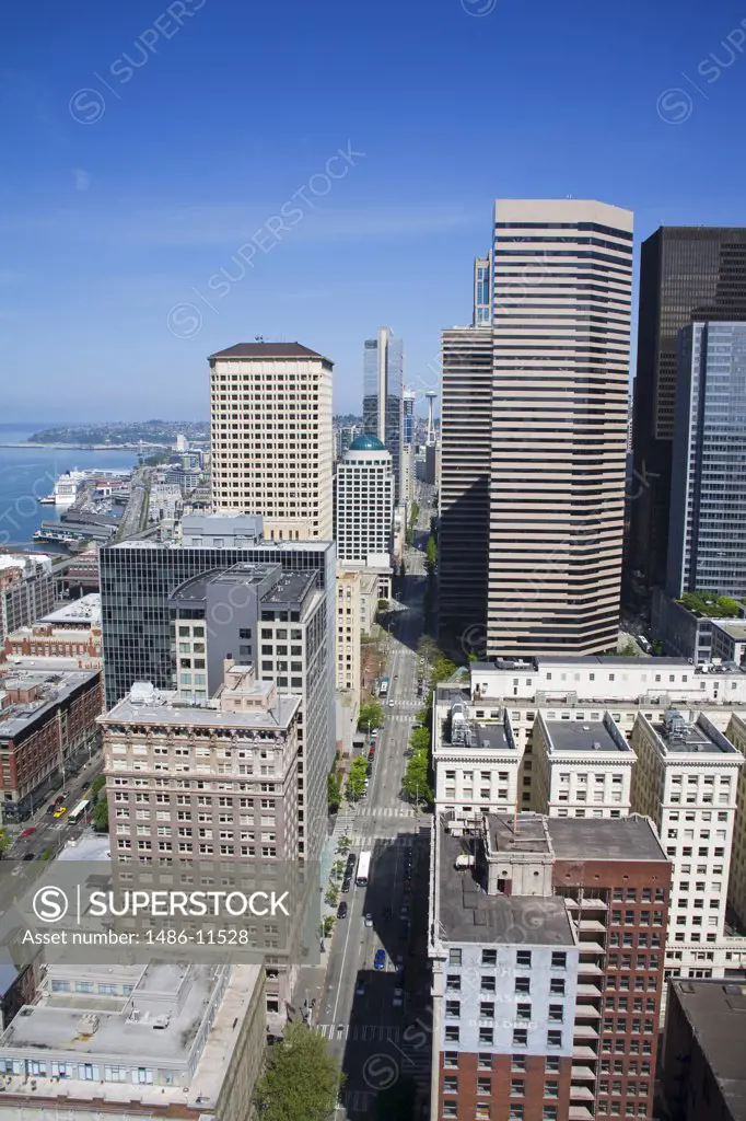 High angle view of buildings in a city, Seattle, King County, Washington State, USA