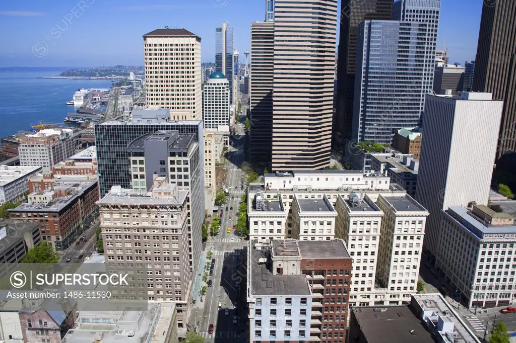 High angle view of buildings in a city, Seattle, King County, Washington State, USA