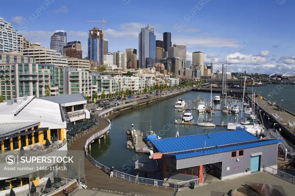 High angle view of a harbor, Bell Street Pier, Bell Harbor Marina, Seattle, King County, Washington State, USA
