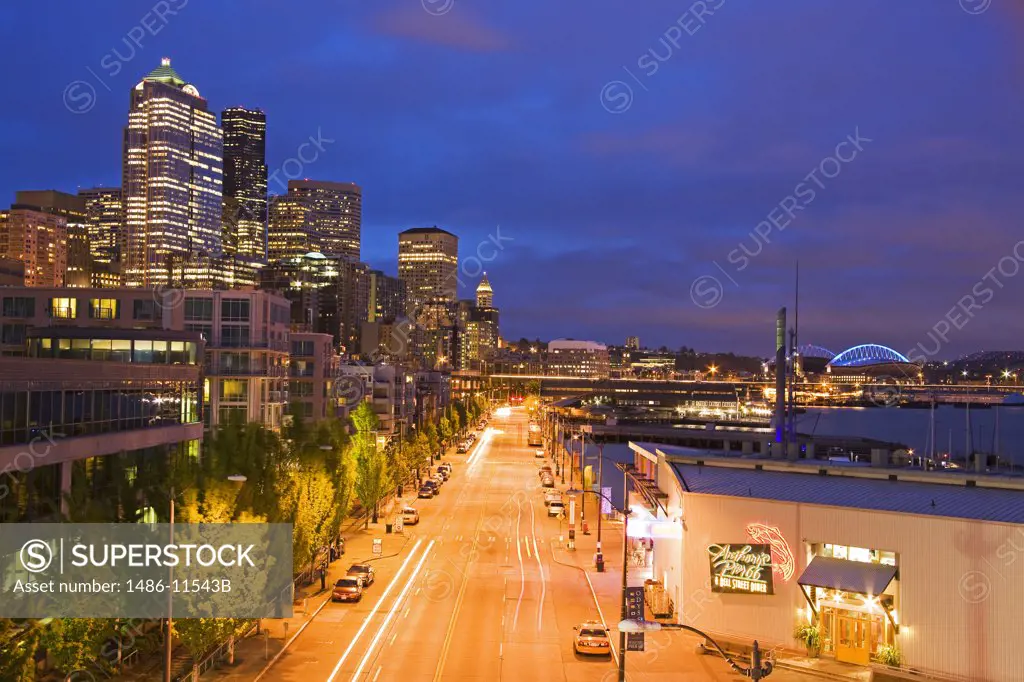 High angle view of cars on the road, Bell Street Pier, Seattle, King County, Washington State, USA