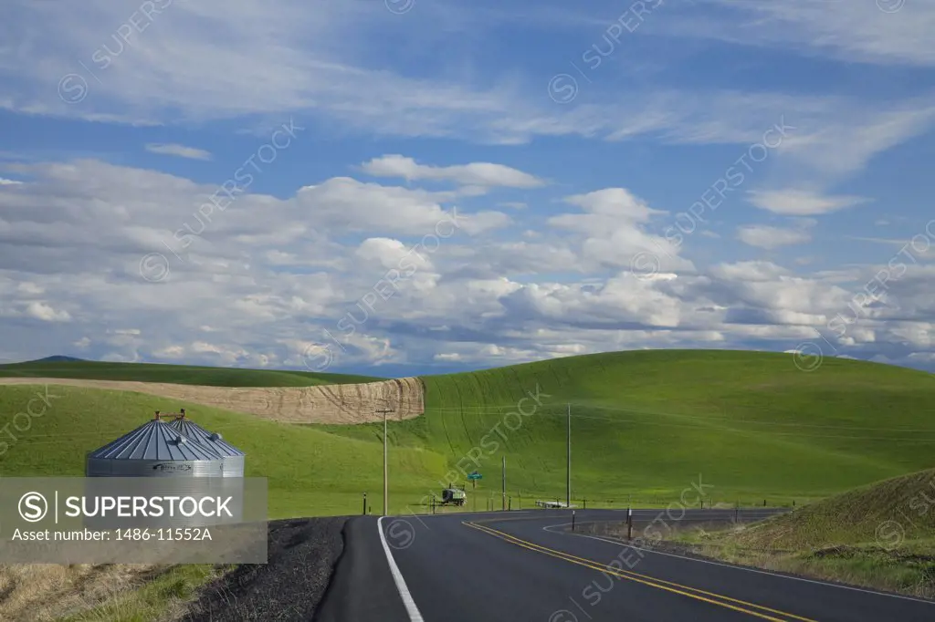 Two silos at the roadside, Washington State Route 27, Palouse Region, Spokane, Spokane County, Washington State, USA