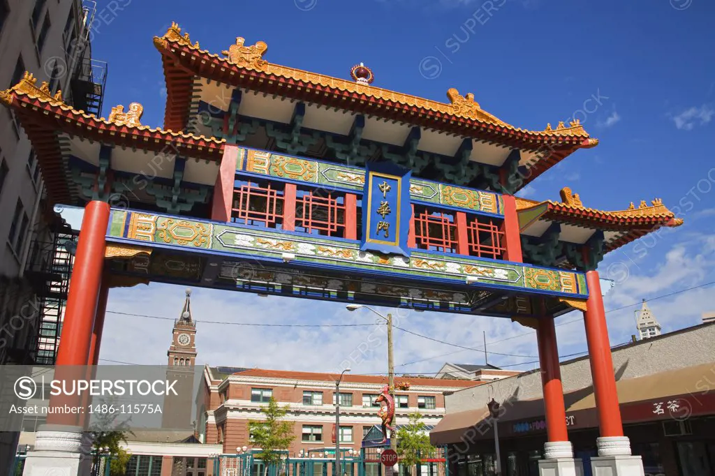 Low angle view of a gate, Chinatown Gate, International District, Seattle, King County, Washington State, USA