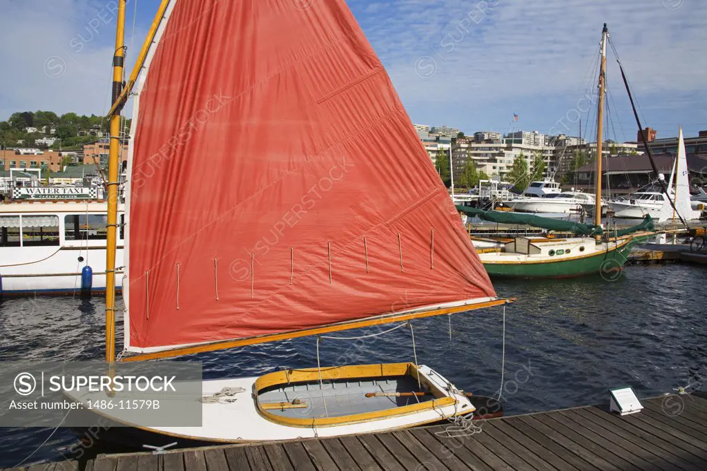 Sailboat at a harbor, Center For Wooden Boats, Seattle, King County, Washington State, USA