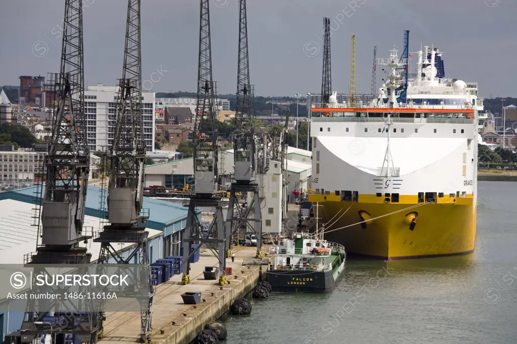 Car carrier at a harbor, Southampton, Hampshire, England