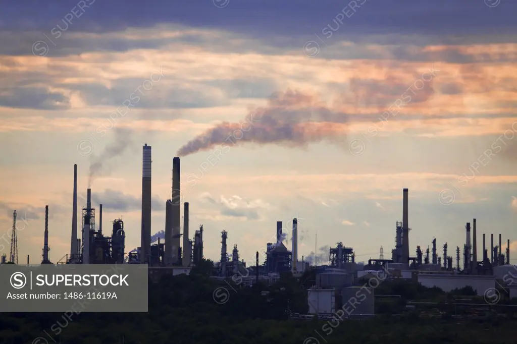 Smoke stacks at a refinery, Fawley Oil Refinery, Southampton, Hampshire, England