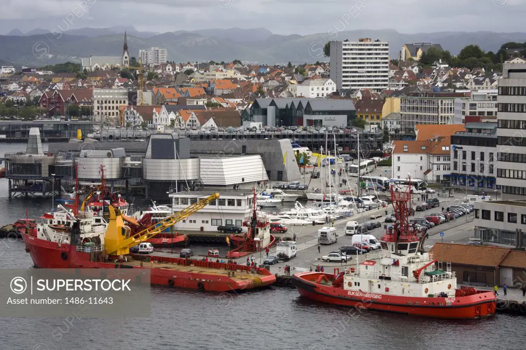 Aerial view of oil rig supply ships at a dock, Stavanger, Rogaland County, Norway