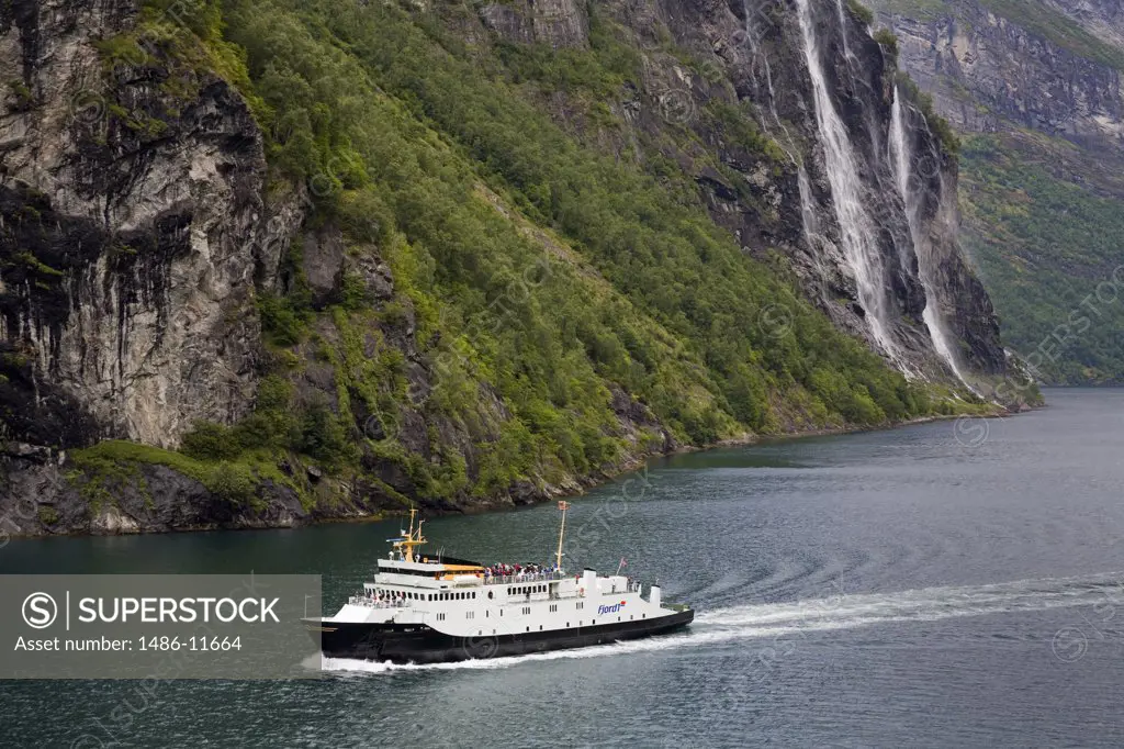 High angle view of a ferry in a fjord, Geirangerfjord, More og Romsdal, Sunnmore, Norway