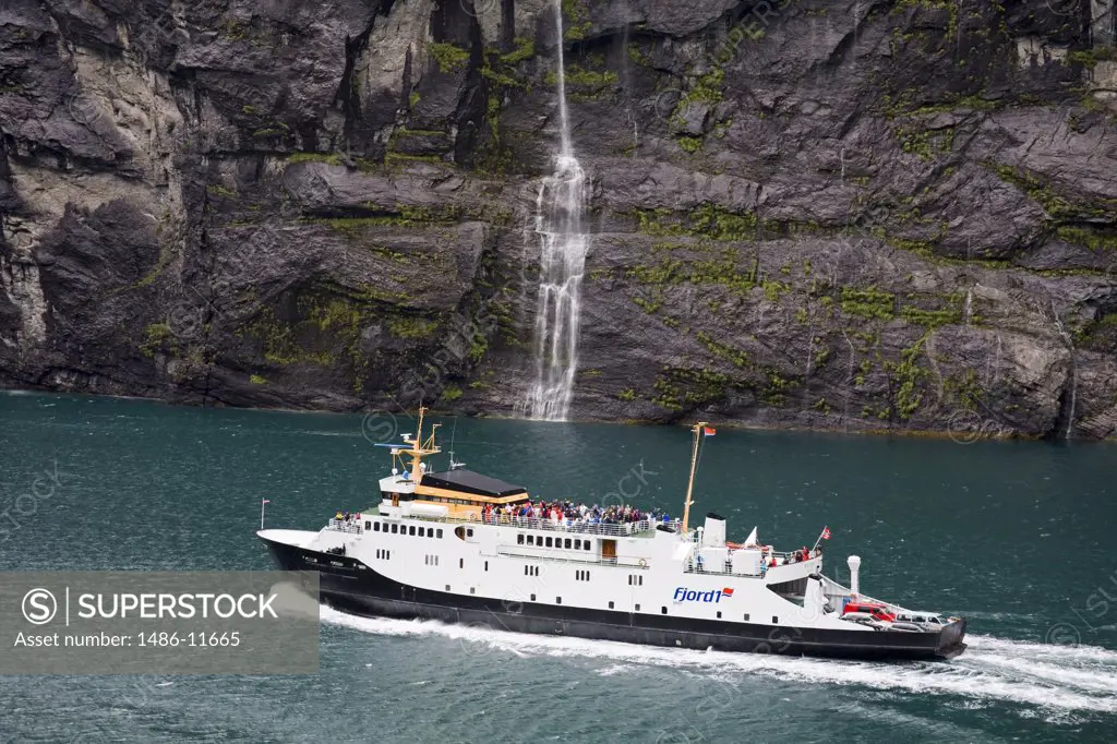 High angle view of a ferry in a fjord, Geirangerfjord, More og Romsdal, Sunnmore, Norway
