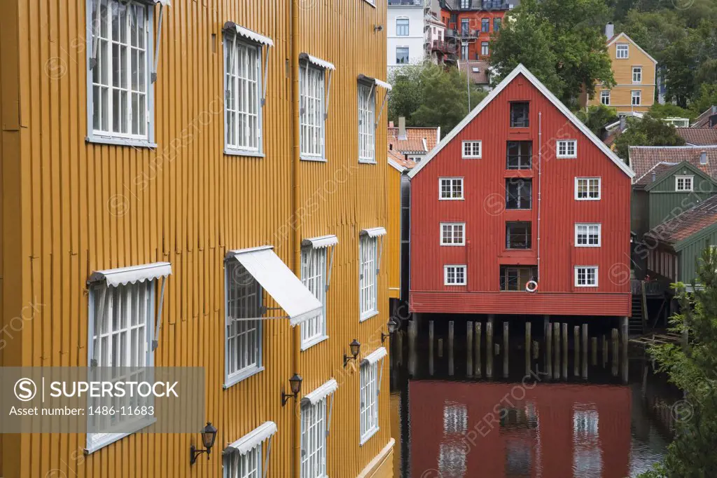 Warehouse at the riverfront, Bryggen, Trondheim, Trondelag County, Trondelag, Norway