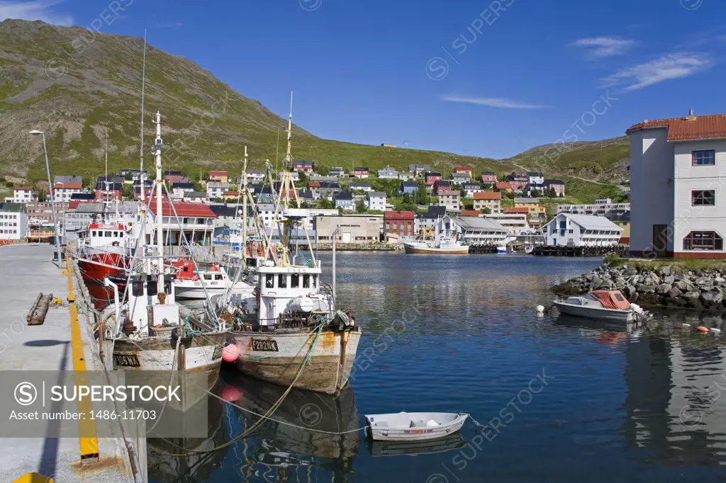 Boats moored at a port, Honningsvag Port, Honningsvag, Mageroya Island, Nordkapp, Finnmark County, Norway