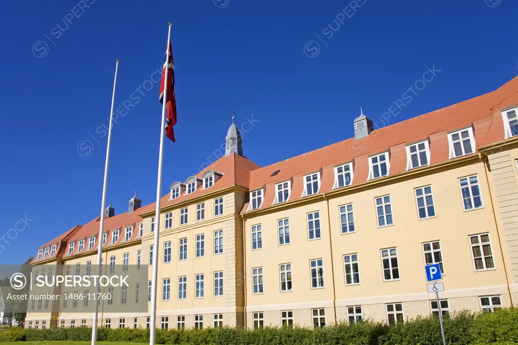 Flags in front of a county hall, Troms County Hall, Tromso, Toms County, Nord-Norge, Norway