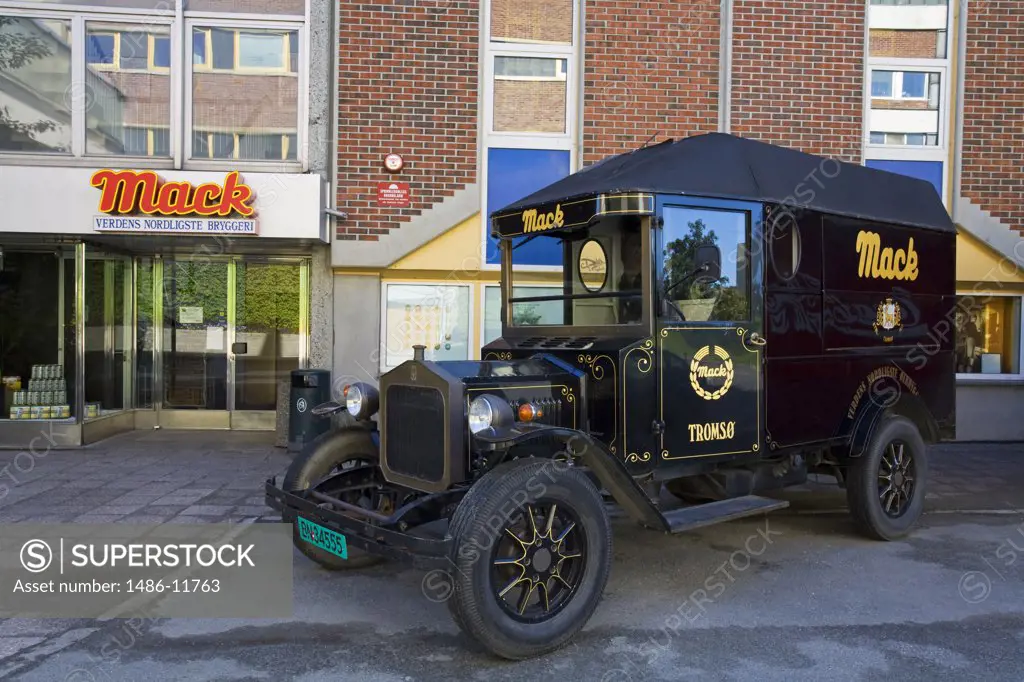 Vintage delivery truck in front of a brewery, Tromso, Toms County, Nord-Norge, Norway