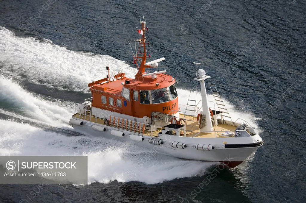High angle view of a pilot boat in the sea, Tromso, Toms County, Nord-Norge, Norway