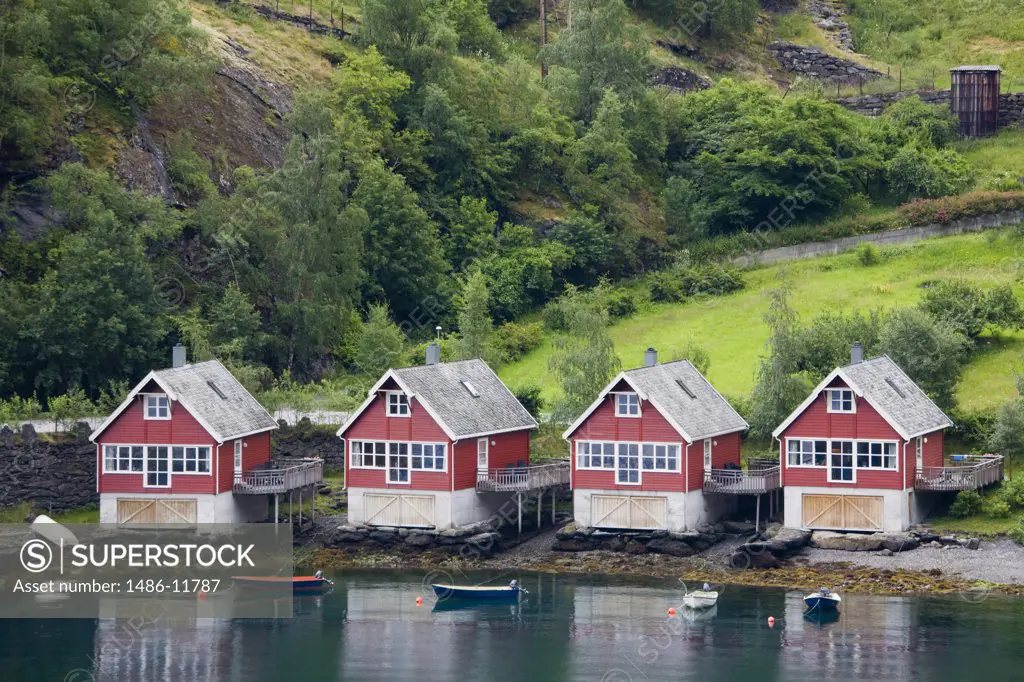 Boathouses on the coast, Flam, Aurlandsfjord, Sogn Og Fjordane, Norway