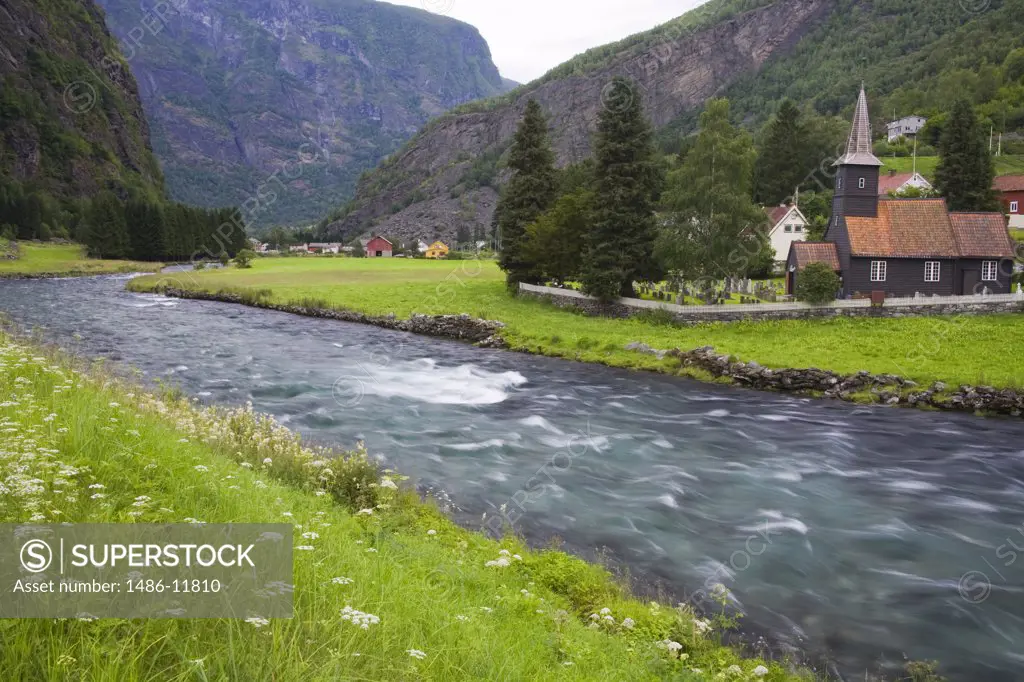 Church at the riverbank, Flam Church, Flamsdalen Valley River, Flam, Aurlandsfjord, Sogn Og Fjordane, Norway